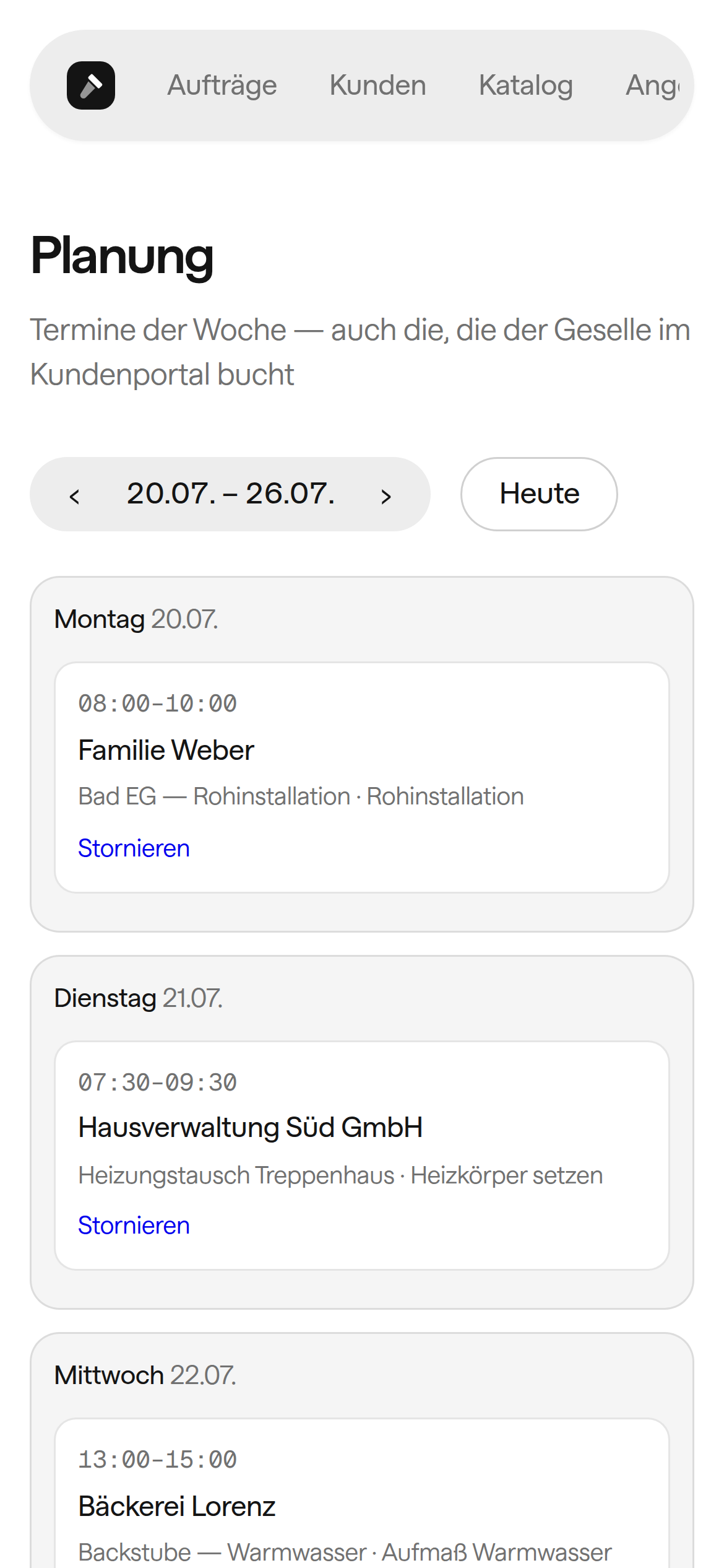 Wochen-Terminplanung in DigitalGeselle mit Terminen je Tag.